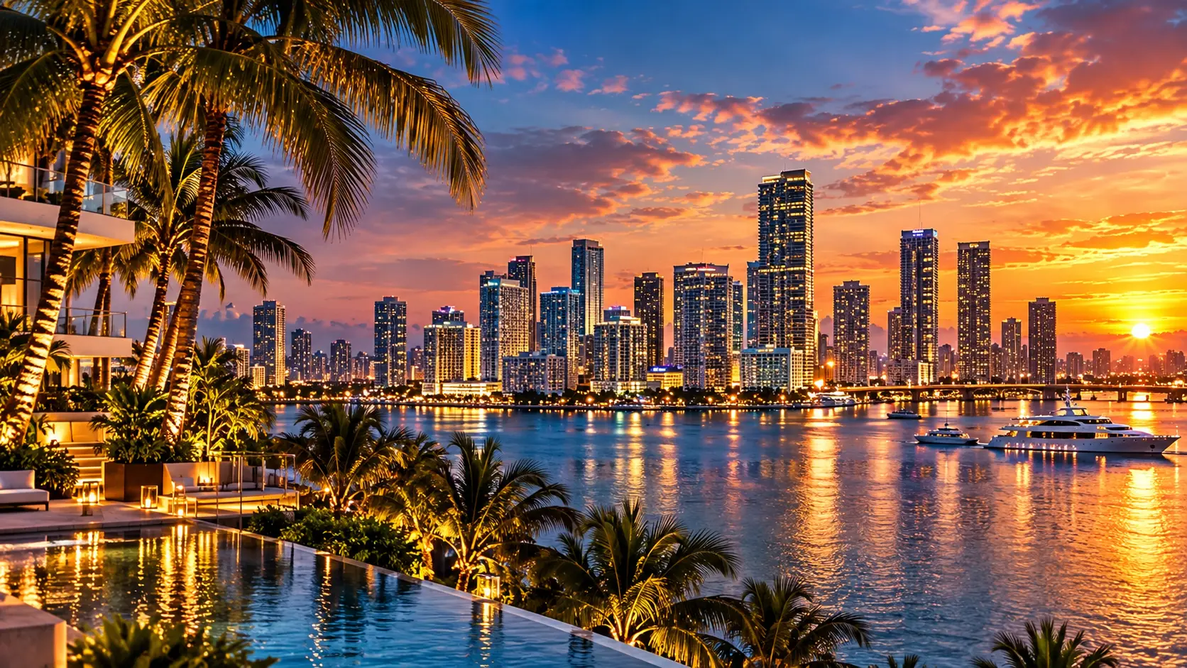 Miami skyline, palms and waterfront at sunset