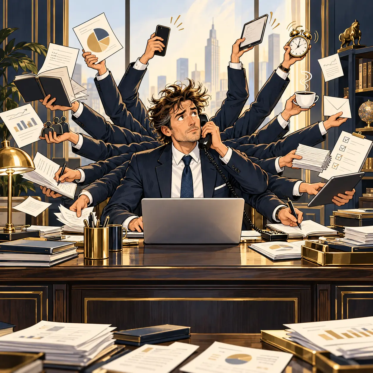 Editorial illustration of a leader managing accumulated responsibility and competing demands