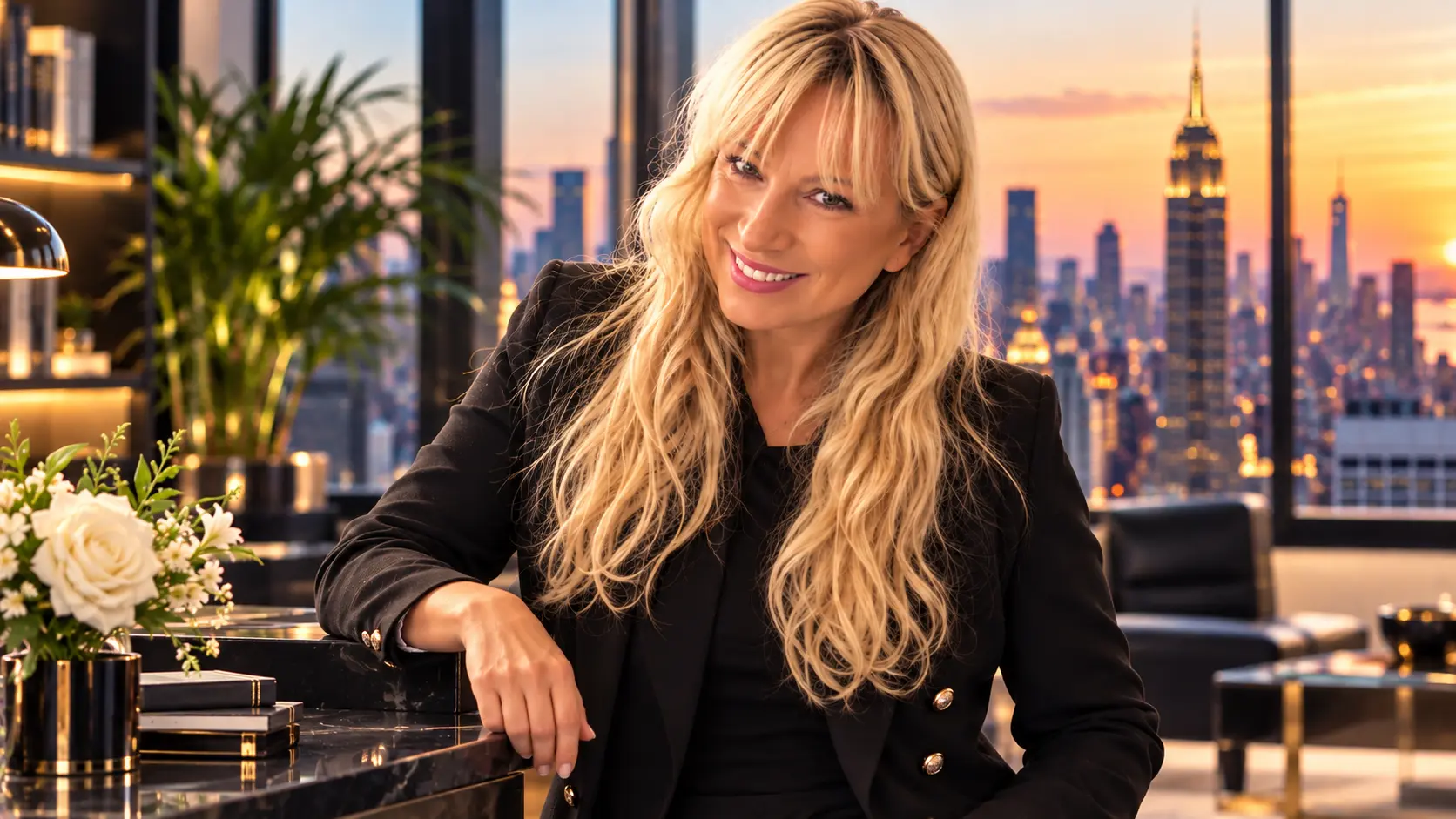 Sonja Jiricna in the office with the Manhattan skyline behind her