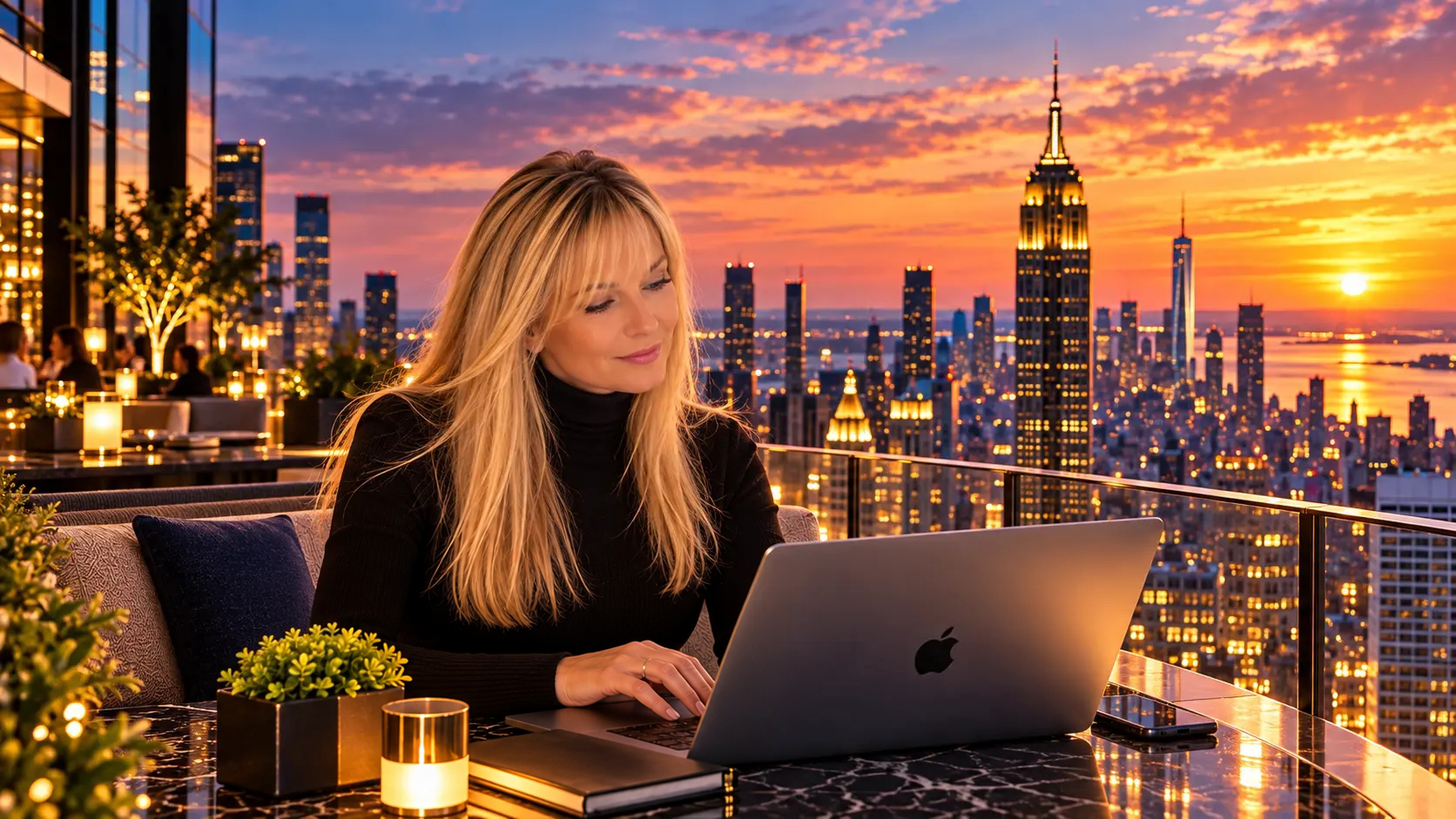 Sonja Jiricna working on the Manhattan terrace at sunset